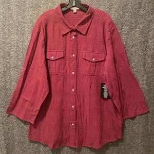NEW Woman Within Top Womens 2X 26/28 Burgundy Textured Pearl Snap Roll Tab Shirt